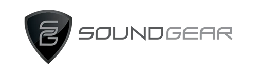 SoundGear logo featuring a black and gray shield with the letters SG overlapping inside it, next to the word SOUNDGEAR in modern, gray, uppercase text on a light background.